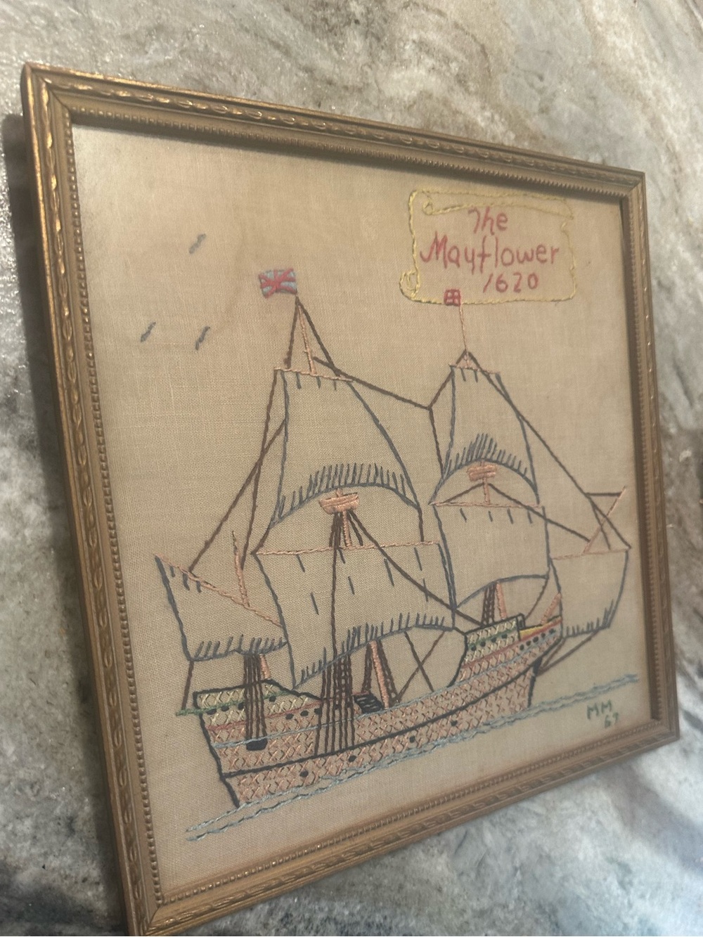 Rare Vintage Embroidered Cross Stitch Ship Sampler - The Mayflower